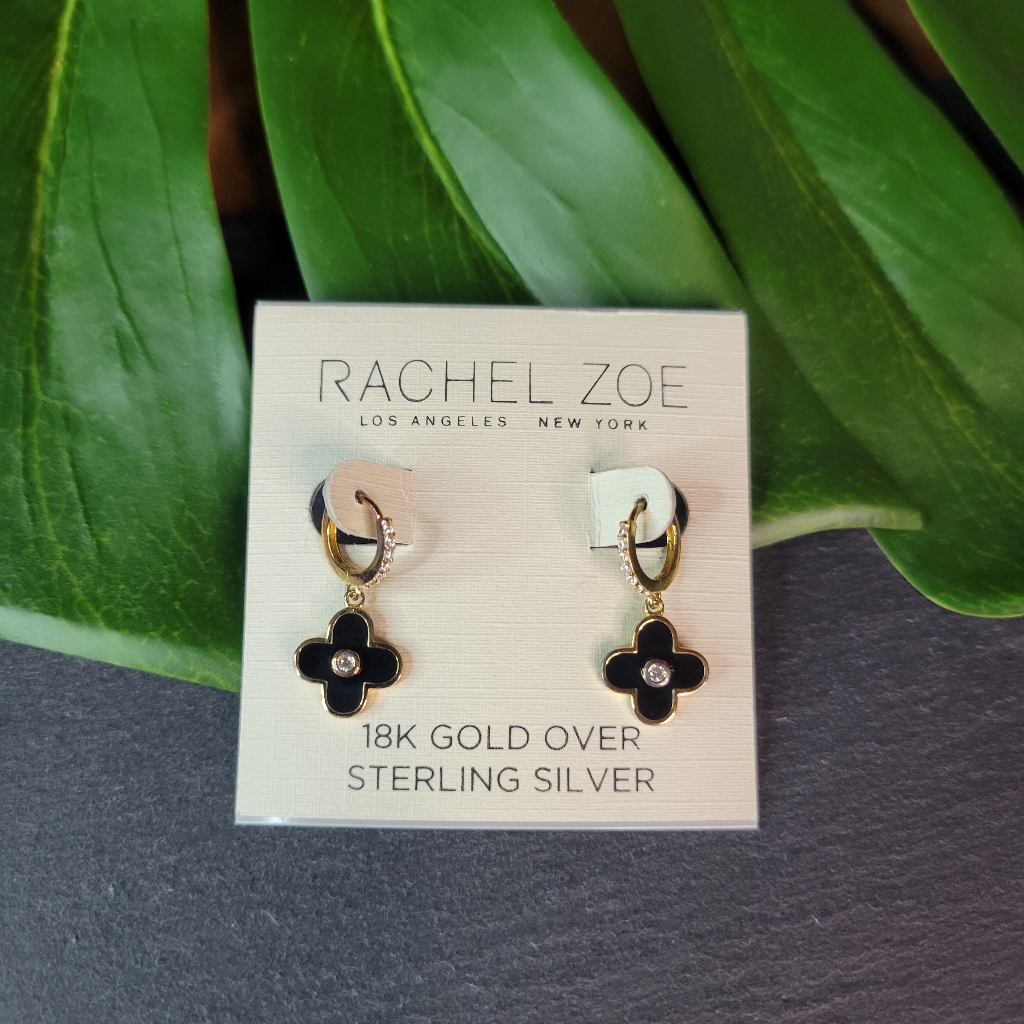 Rachel Zoe Black Clover 18k Gold Plated Sterling Silver Pave Dangle Earrings